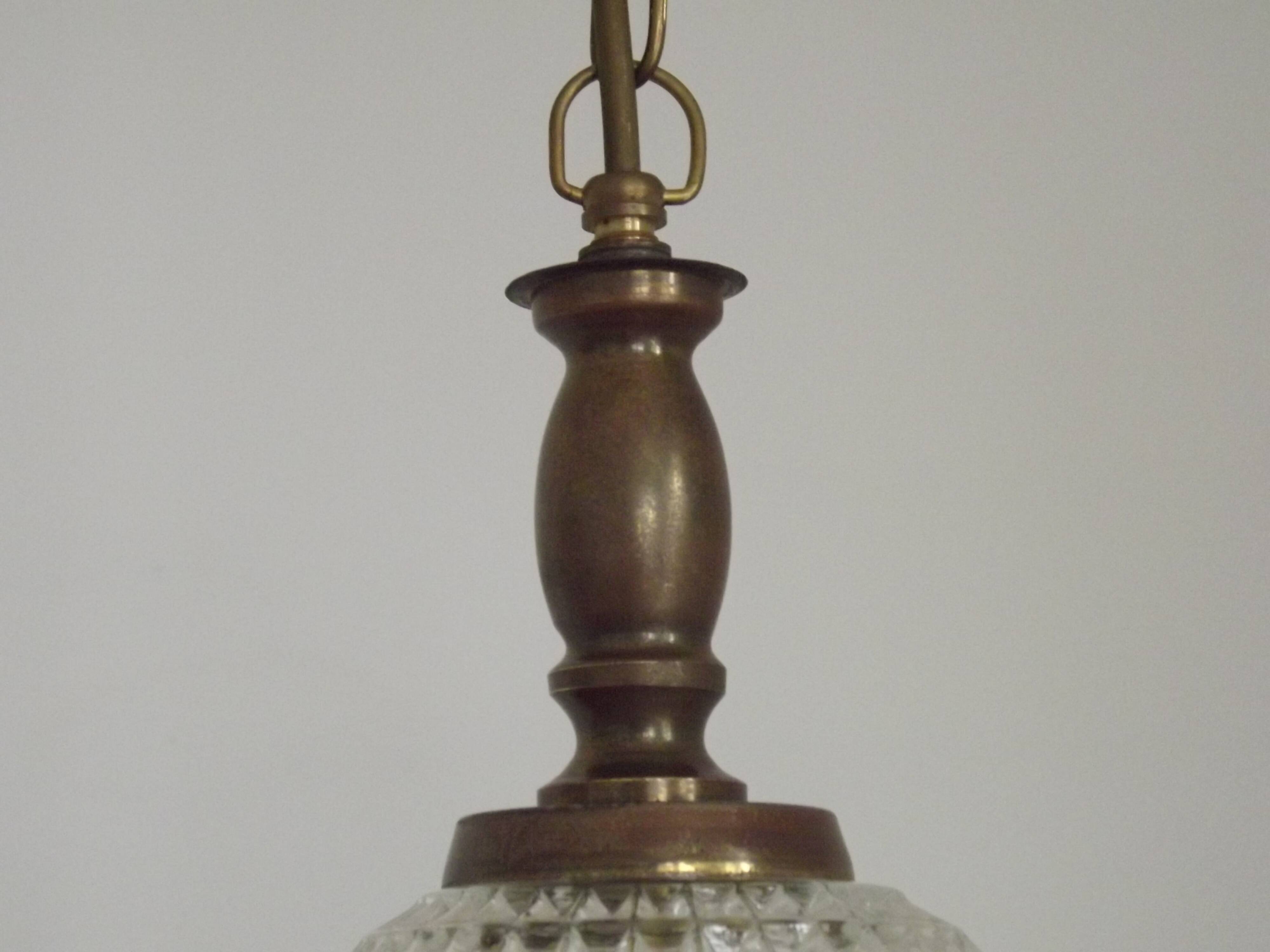 French Vintage Molded Glass & Brass Pendant Light 1970s Globe Hanging Lamp