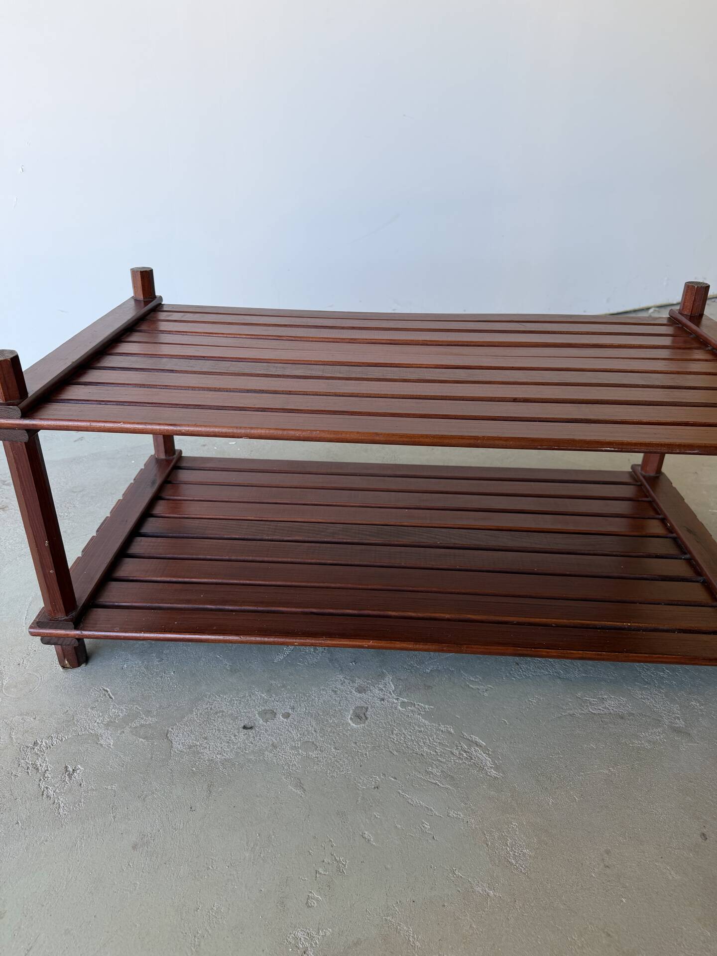 Pine slatted coffee table in vintage 1970s Scandinavian design.