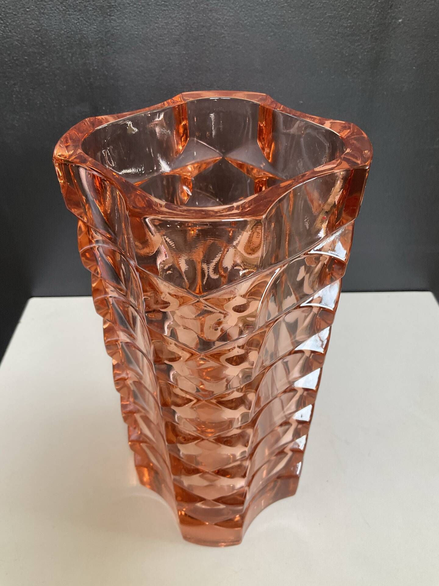 Large Art Deco vase in moulded pink Rosaline glass