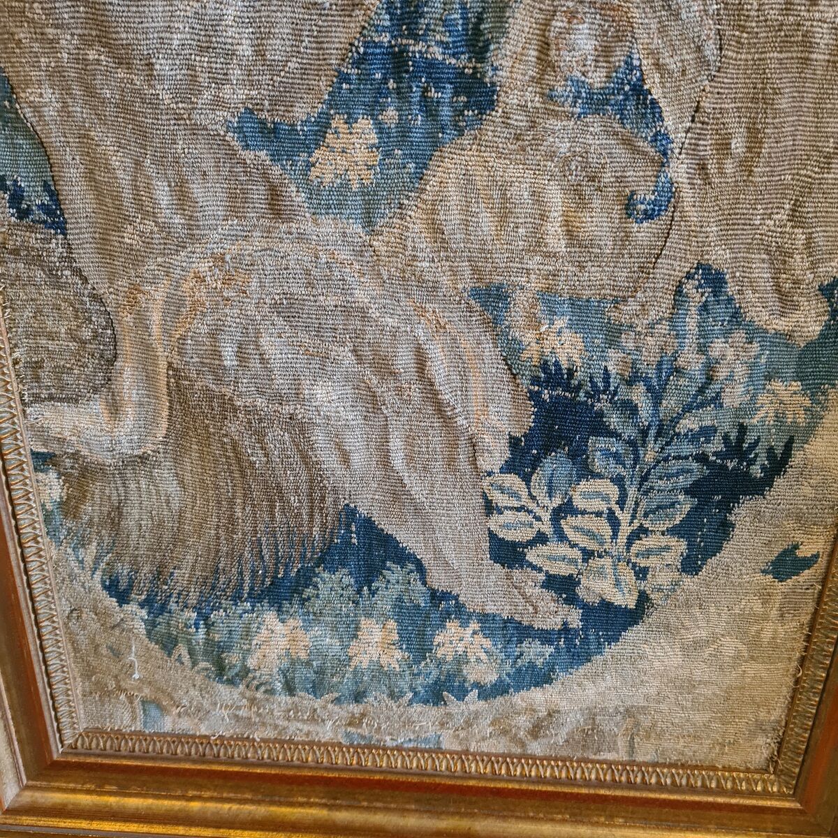 Tapestry, antique gobelin fragment man with dragons, XVIIIth century