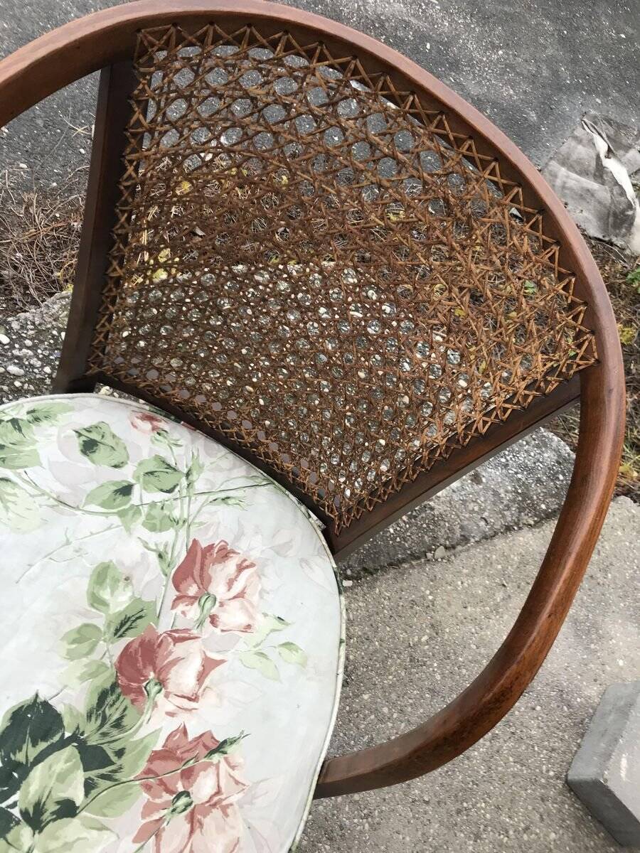 Vintage brown armchair in floral fabric and mahogany wood, 1950s, low back.