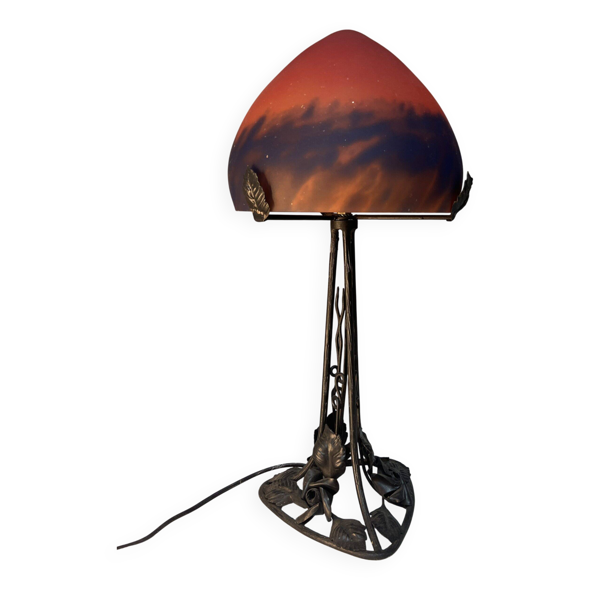 Contemporary mushroom lamp, wrought iron base and orange glass shell with blue hues in the art deco style