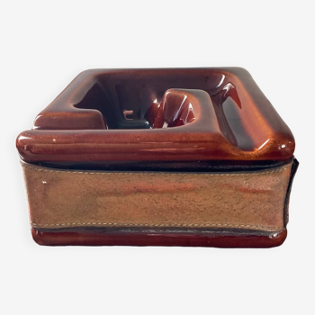 Vintage ceramic and leather ashtray