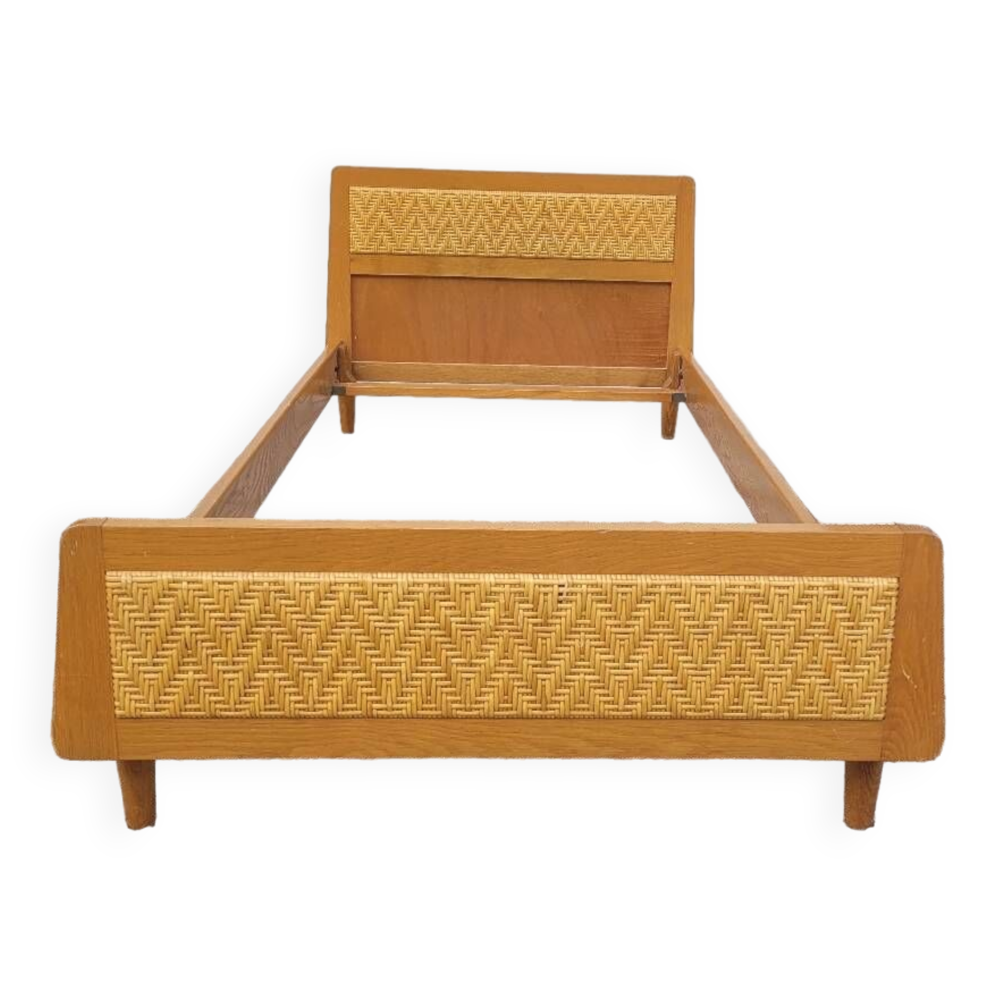 Vintage rattan and solid oak bed 1950s design