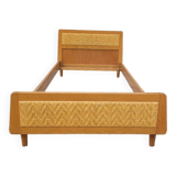 Vintage rattan and solid oak bed 1950s design