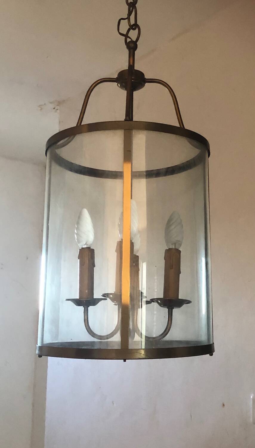 Large round lantern pendant in brass and glass