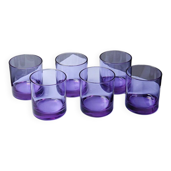 6 Verres à whisky/cocktails cristal améthyste, design Mid Century années 1960-70