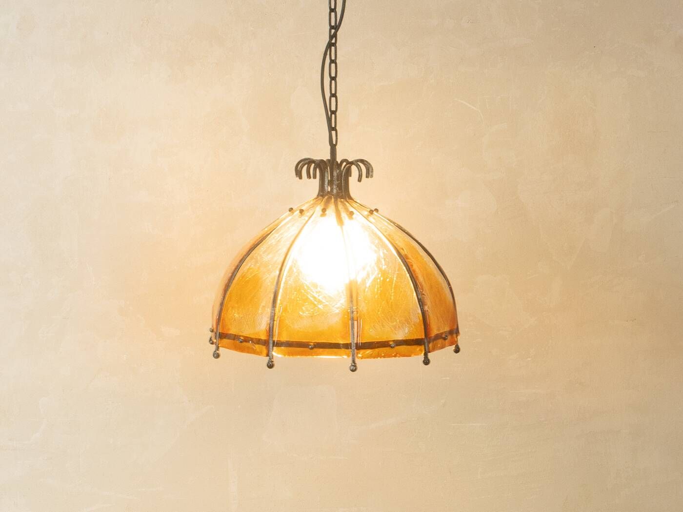 Brutalist ceiling lamp from the 1970s with orange glass shade