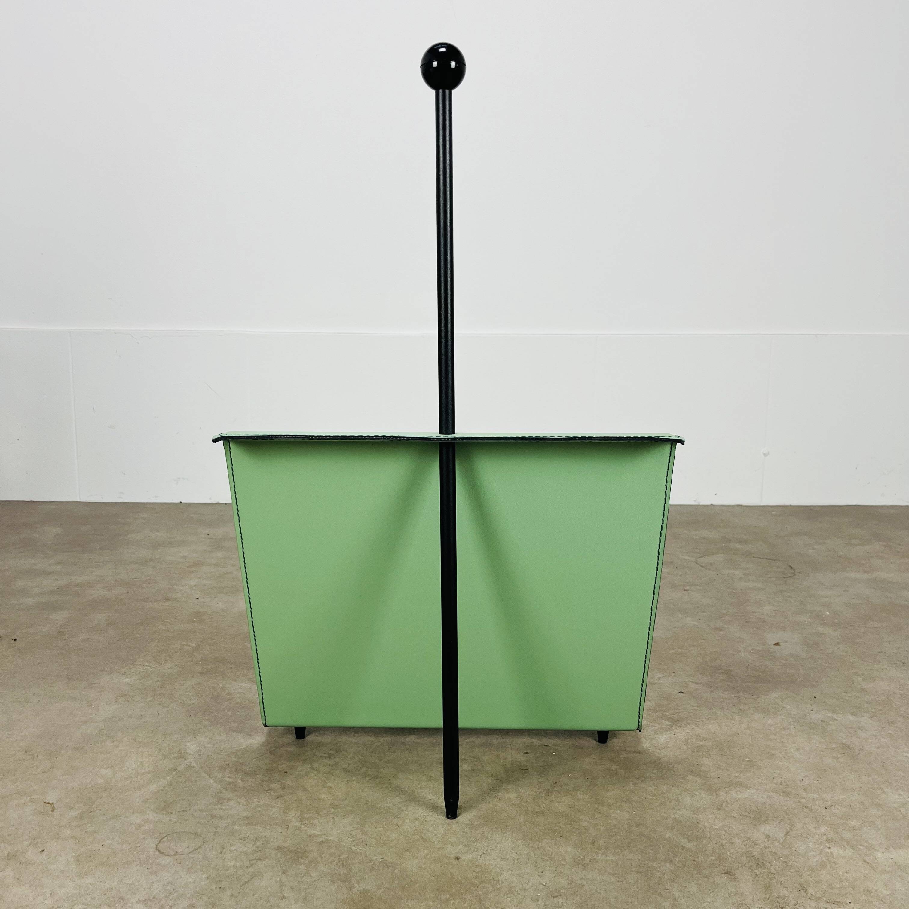 Postmodern magazine rack by Porada Arredi, green leather, 80s memphis