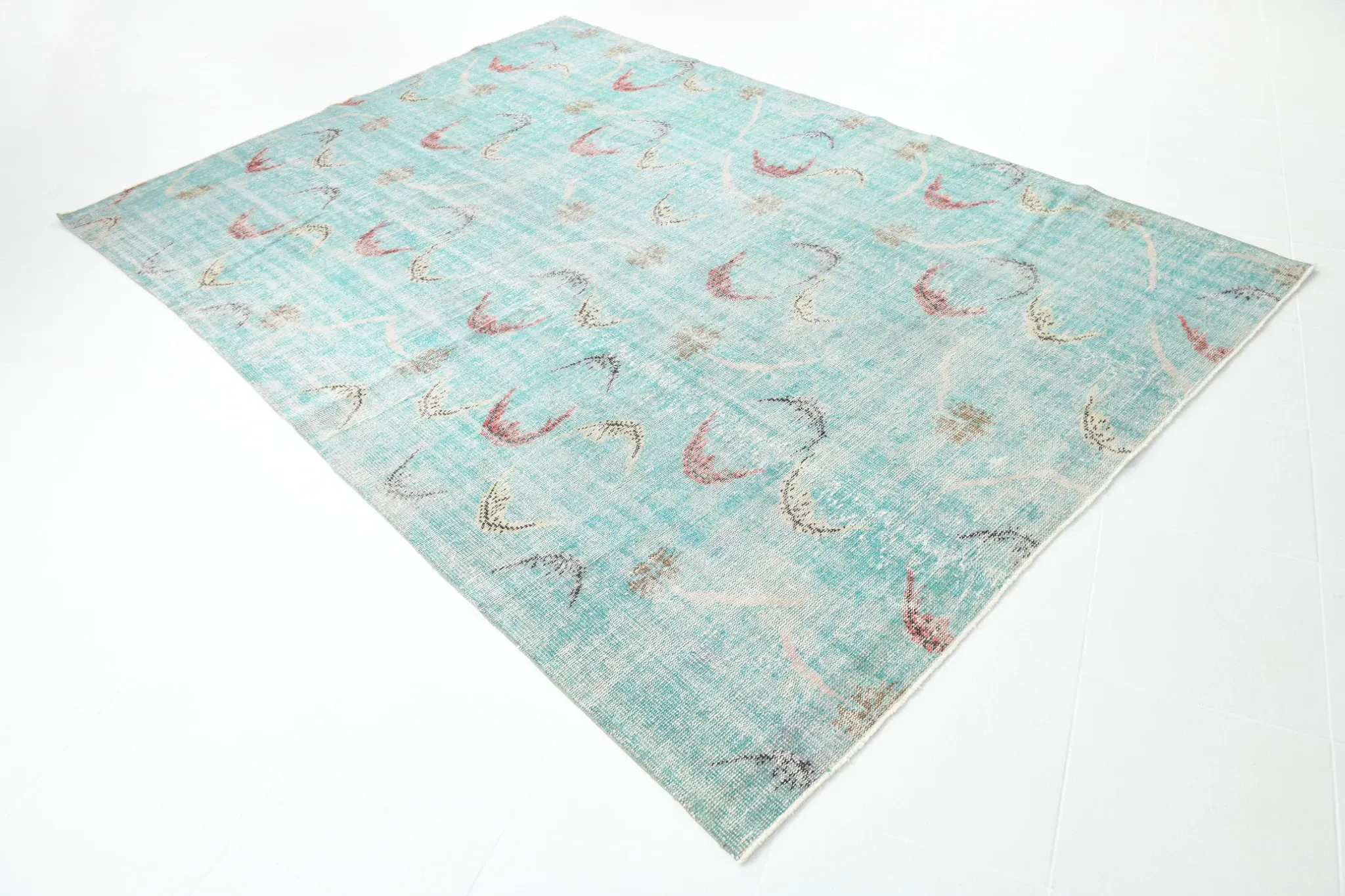 Teal Green Turkish Vintage Rug, Persian Style Living Room Carpet, 222x321Cm