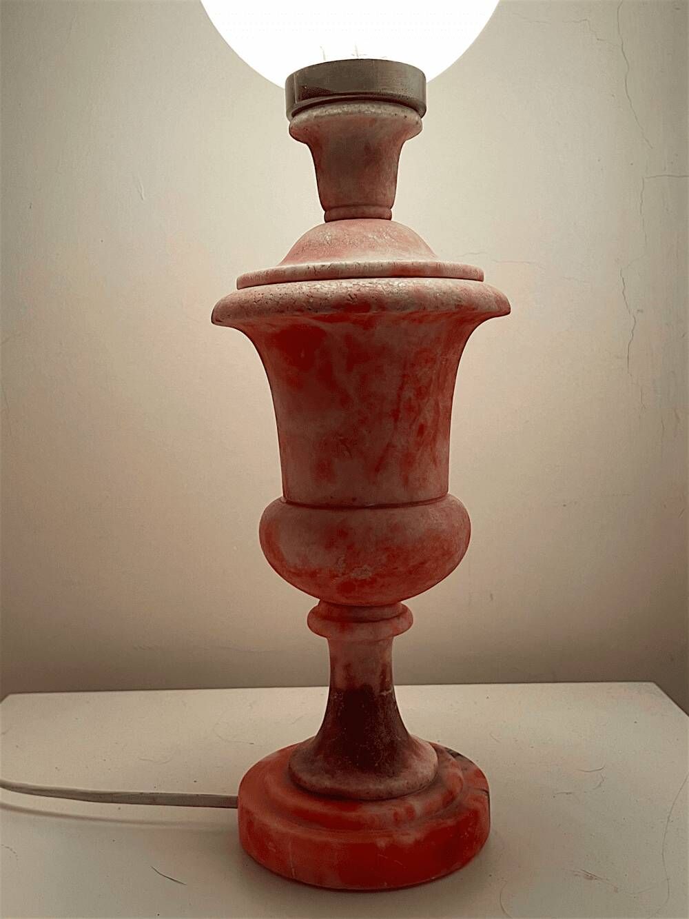 Italian hand carved pink alabaster urn lamp