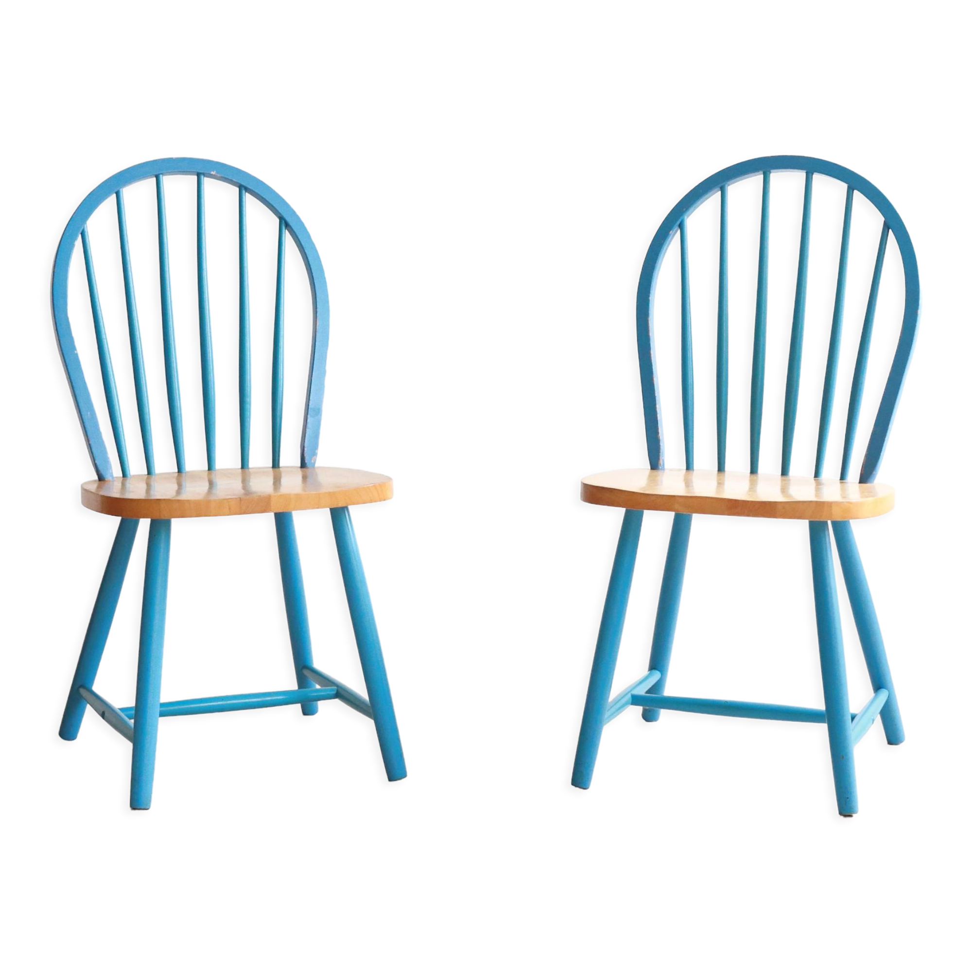 Pair of vintage Scandinavian Windsor chairs with blue bars