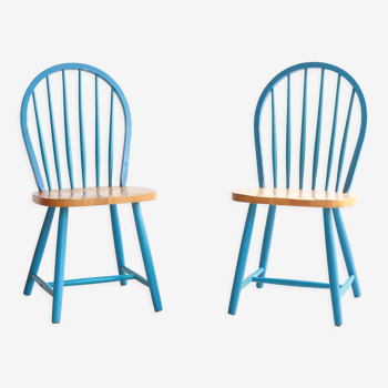 Paire de chaises vintage scandinaves Windsor à barreaux bleues