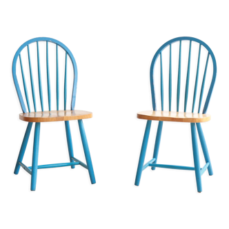 Paire de chaises vintage scandinaves Windsor à barreaux bleues