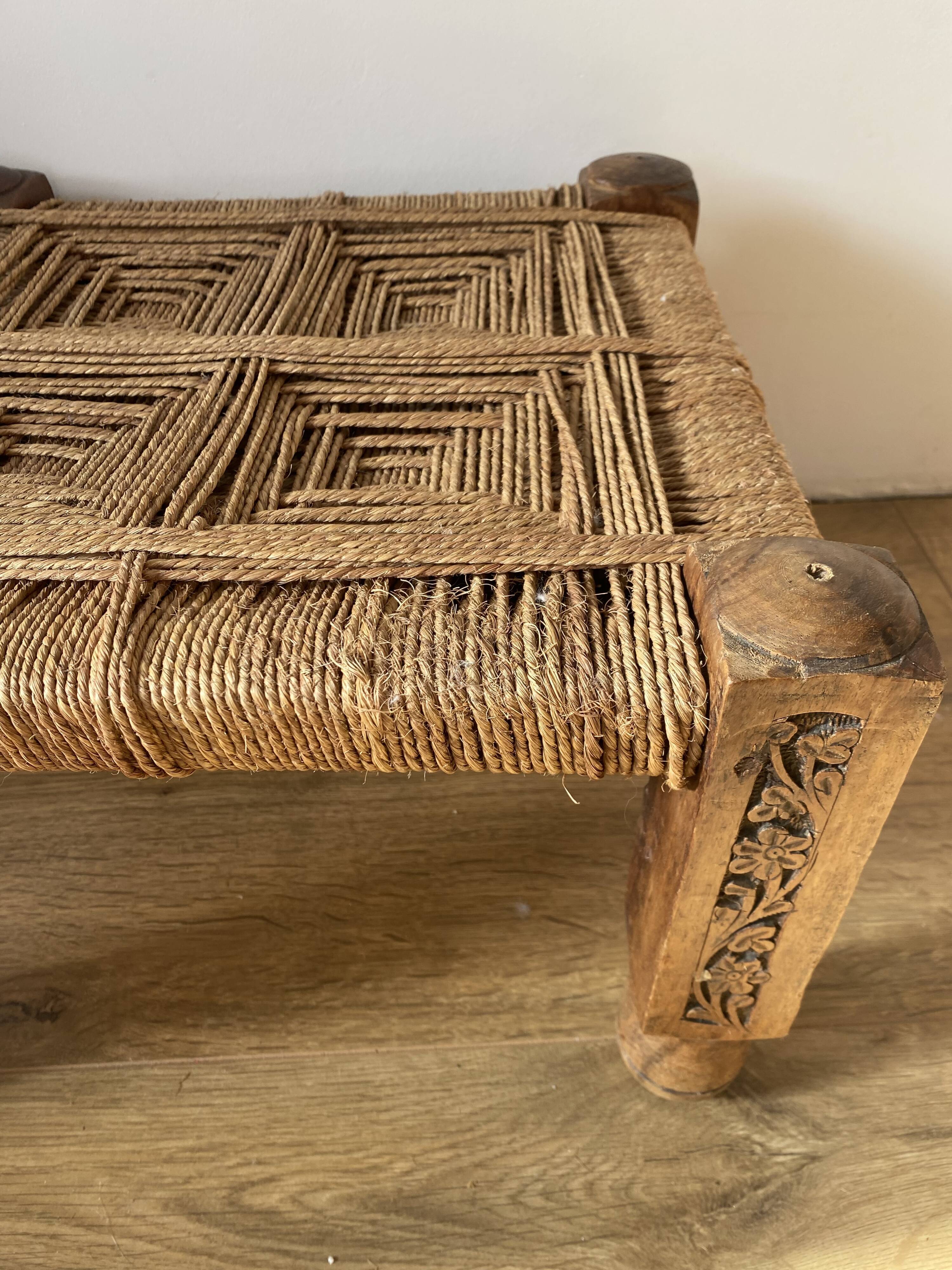 3 wooden and rope charpoy stools