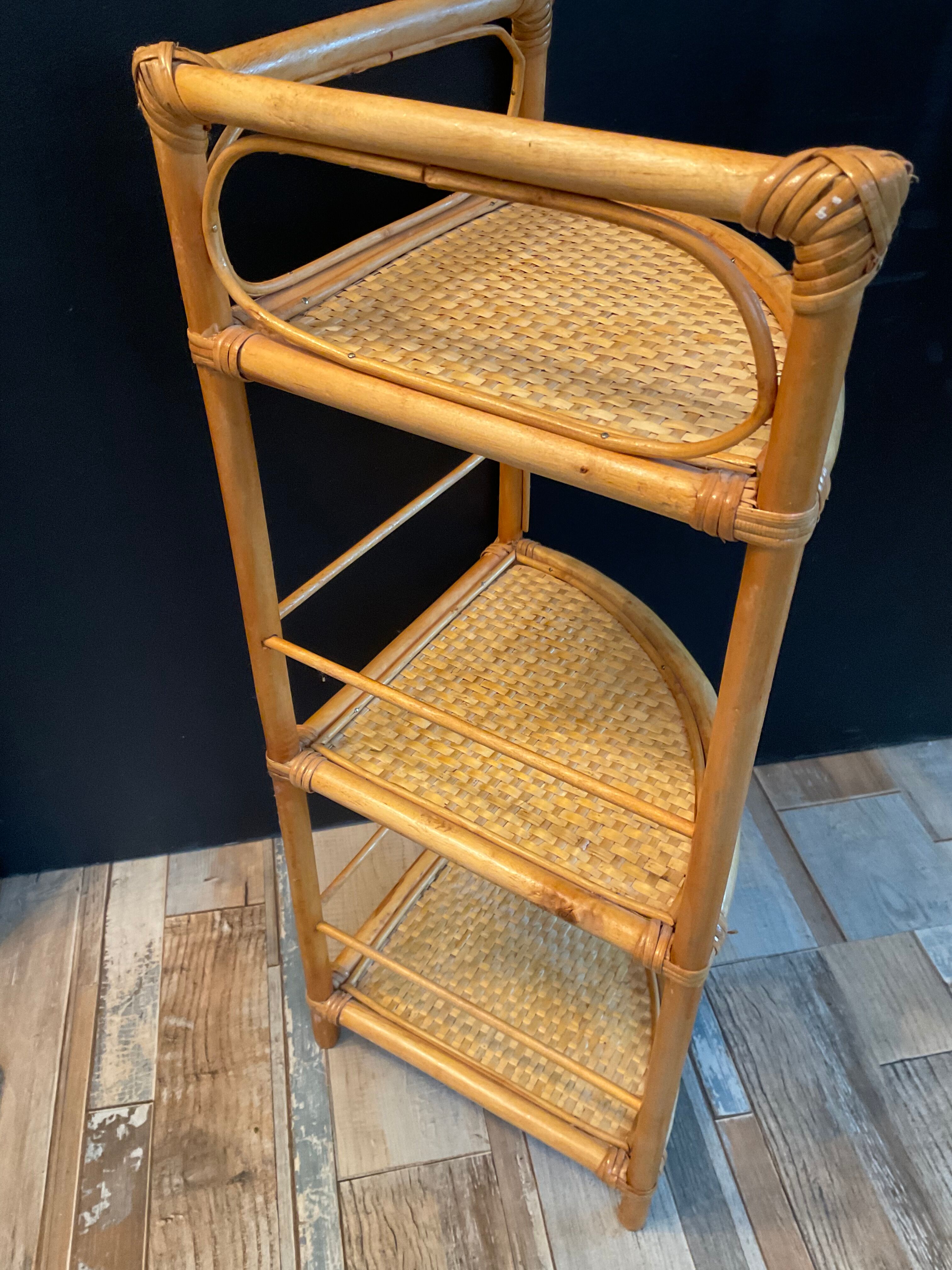 Vintage rattan and wicker corner shelf 70s