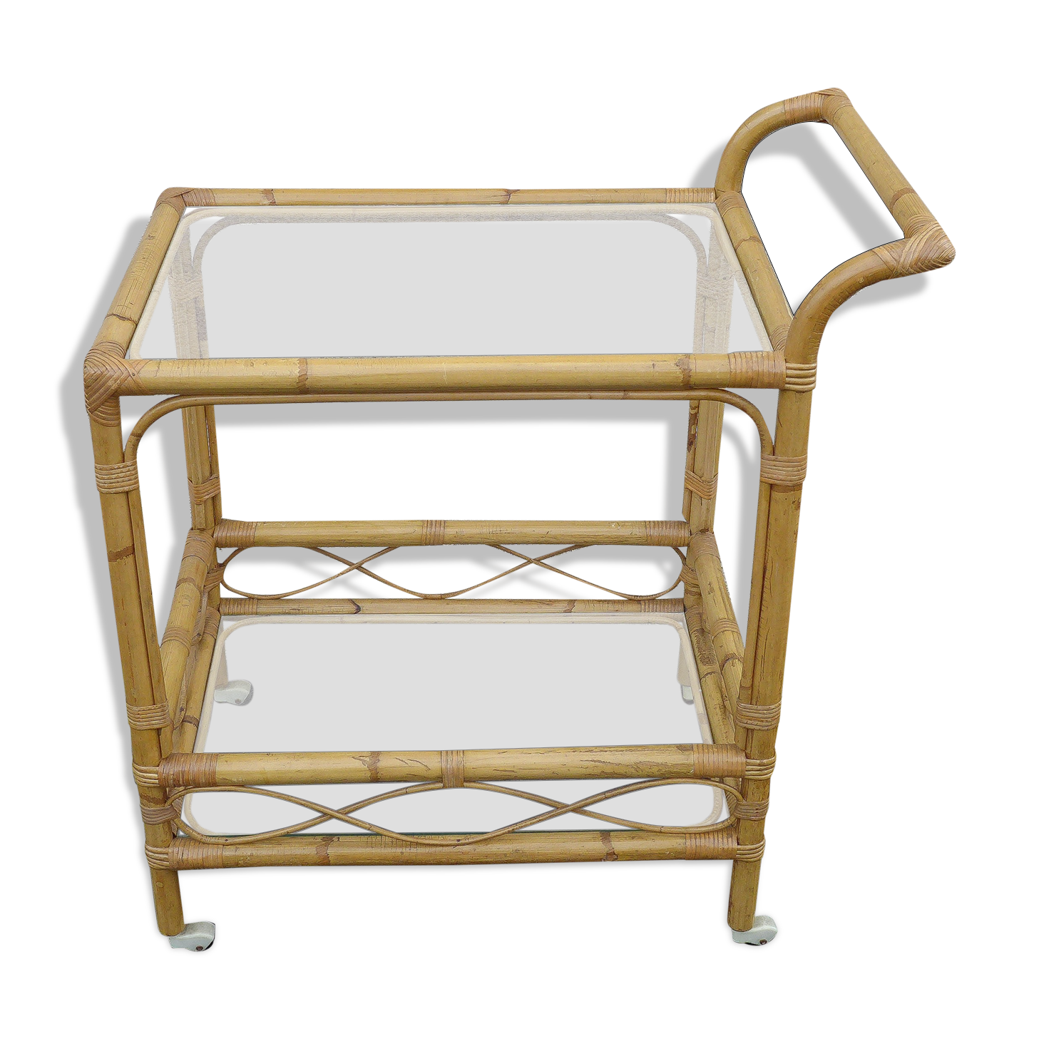 Bamboo service, wheeled cart, rolling bar, bar, vintage dessert