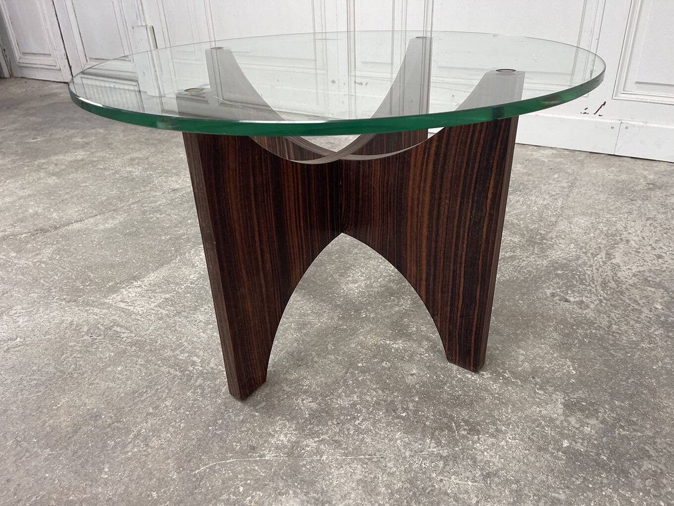 1950s glass and rosewood coffee table