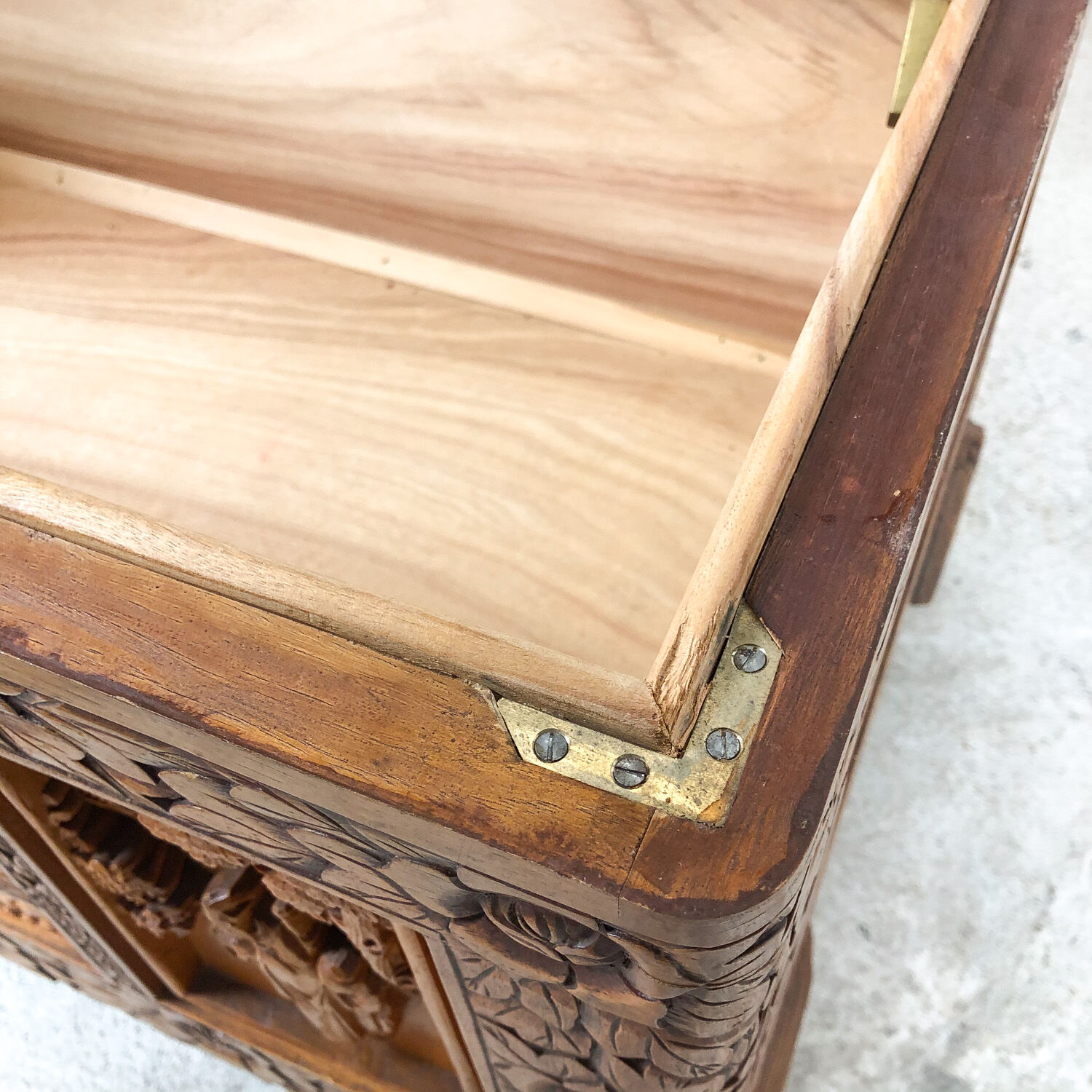 Vintage Chinese carved camphor wood chest on claw feet