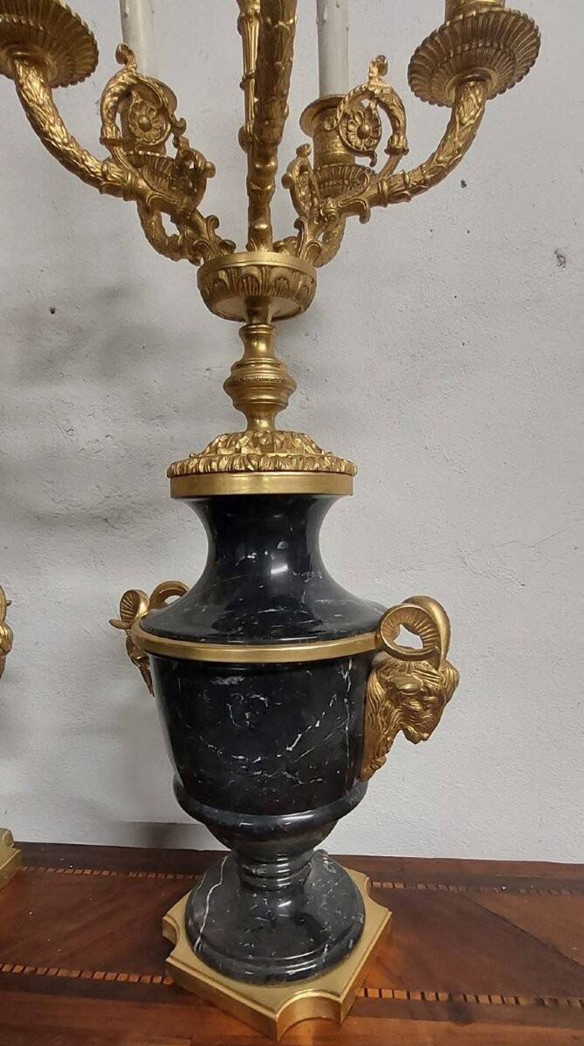 Antique Lumi pair of large marble and mercury-gilt bronze candelabras