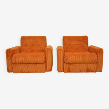 Fauteuils en velours côtelé orange, années 1970, ensemble de 2