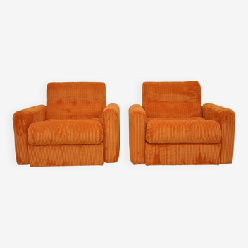 Orange corduroy armchairs, 1970s, set of 2