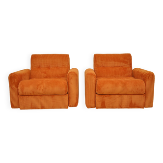 Orange corduroy armchairs, 1970s, set of 2