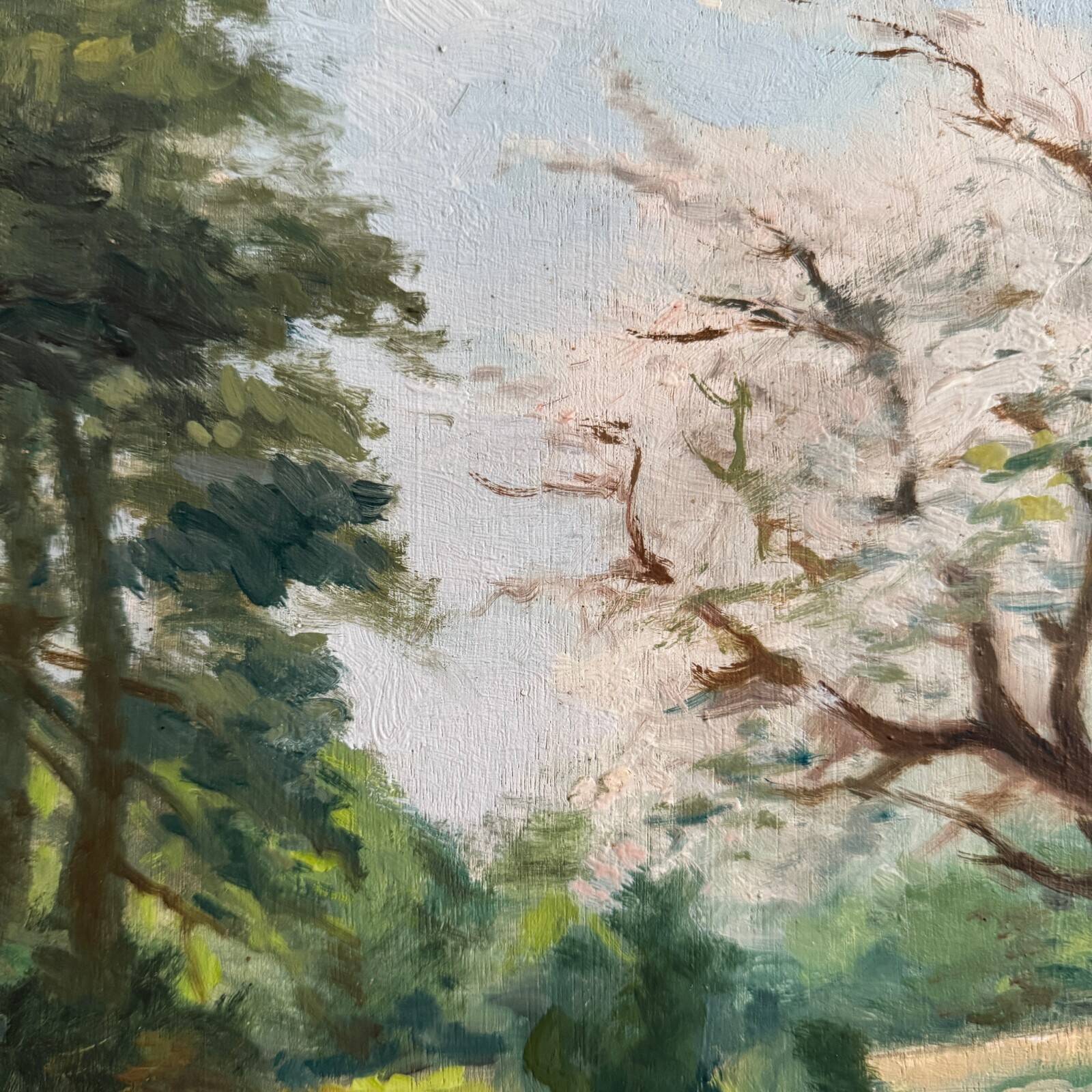 Oil on panel 20th century watercourse trees in bloom blackened wooden frame