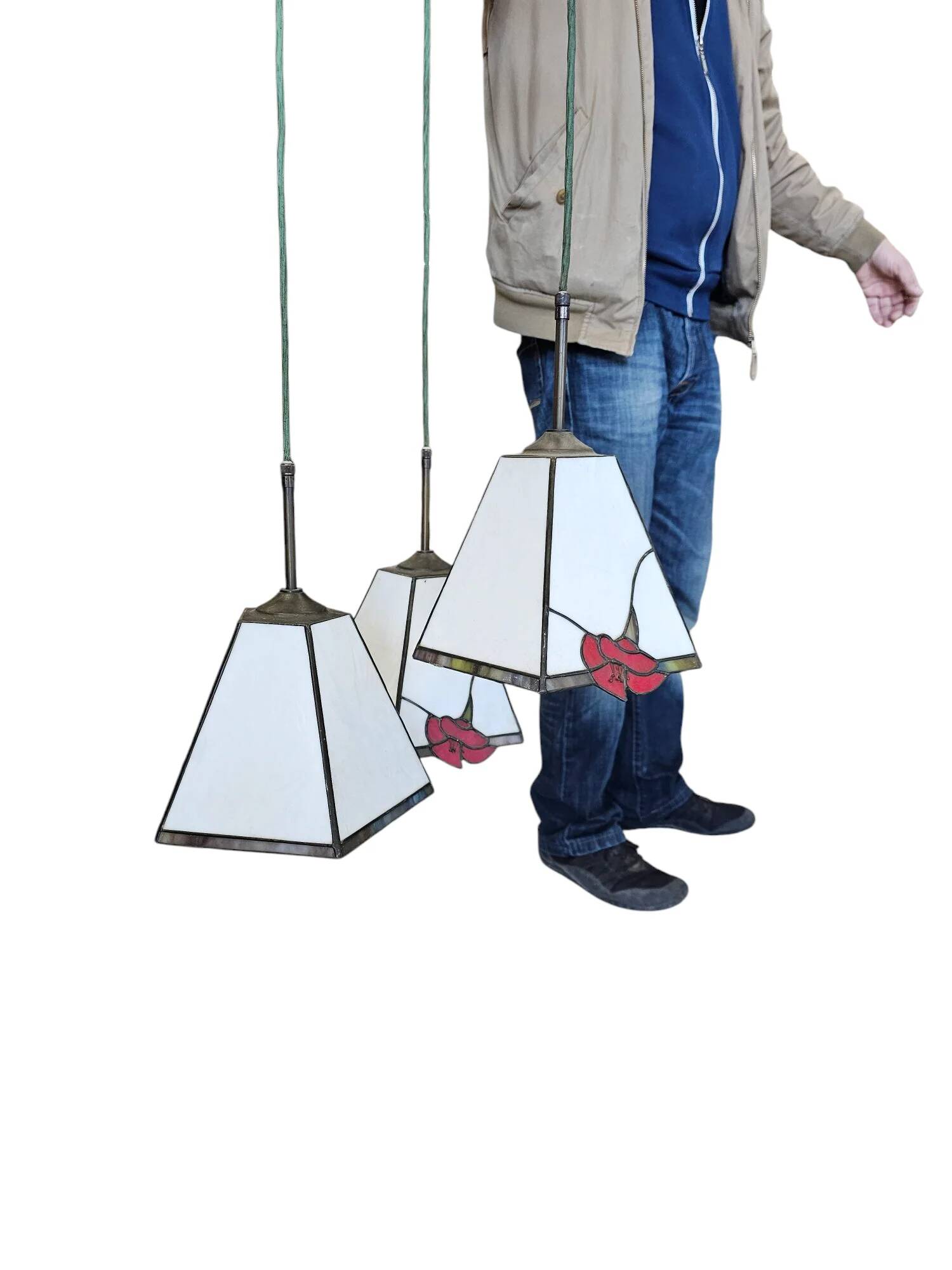 3 light chandelier with glass shades / Art Deco