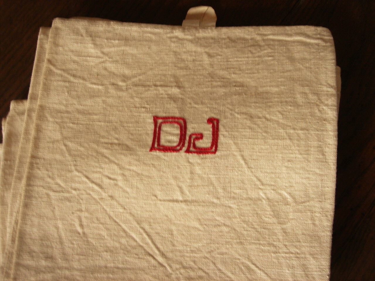 Lot 3 towels linen strips red monograms D J
