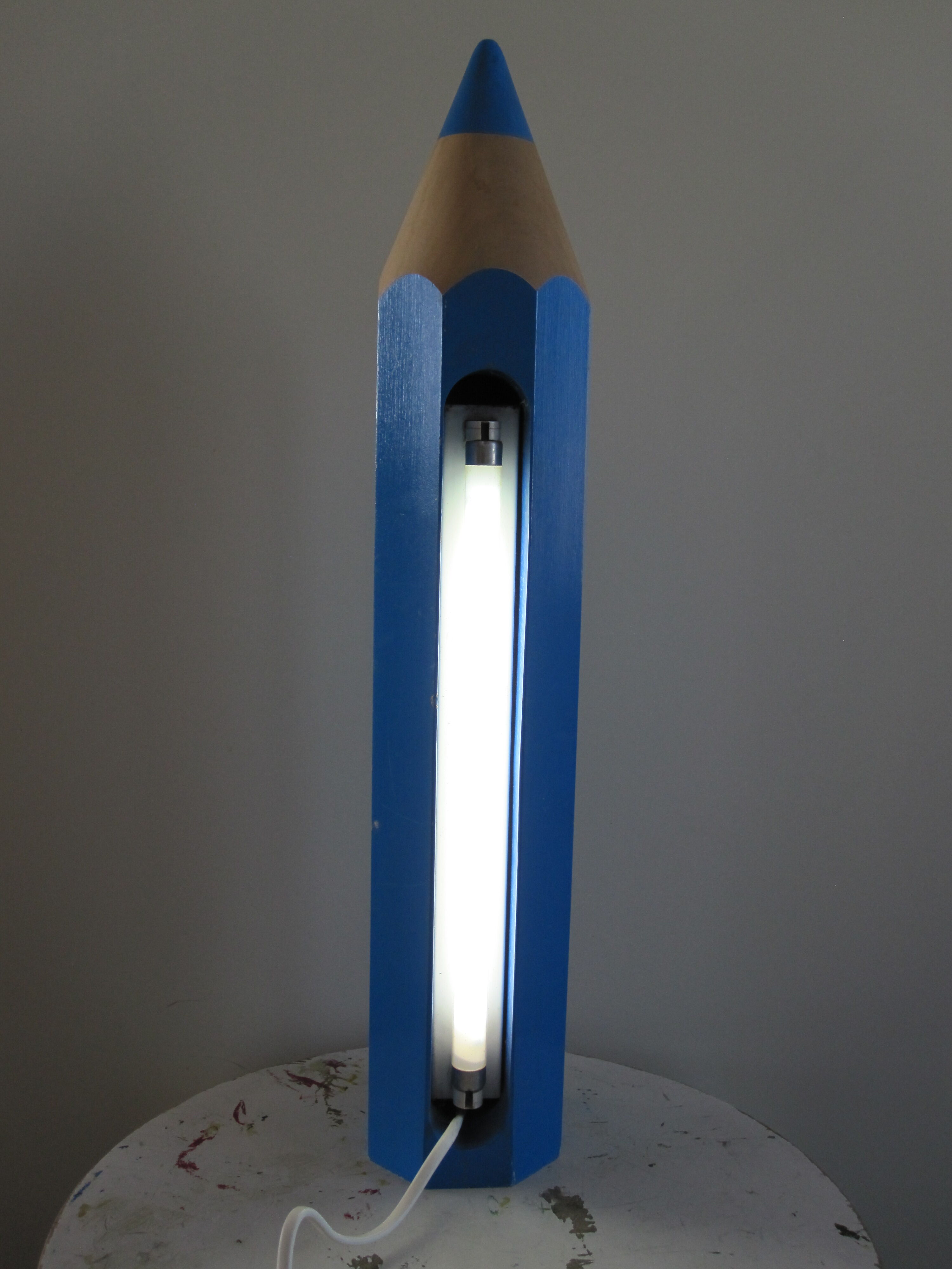 Pierre sala for vilac, blue wooden pencil lamp from the 80s