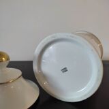 Pharmacy / apothecary pot in white earthenware decorated with gold net, "Catharan: Roseus signed Limoges