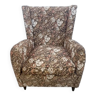 Authentic High-Quality Brown Floral Fabric Armchair attr. to Paolo Buffa, Italy
