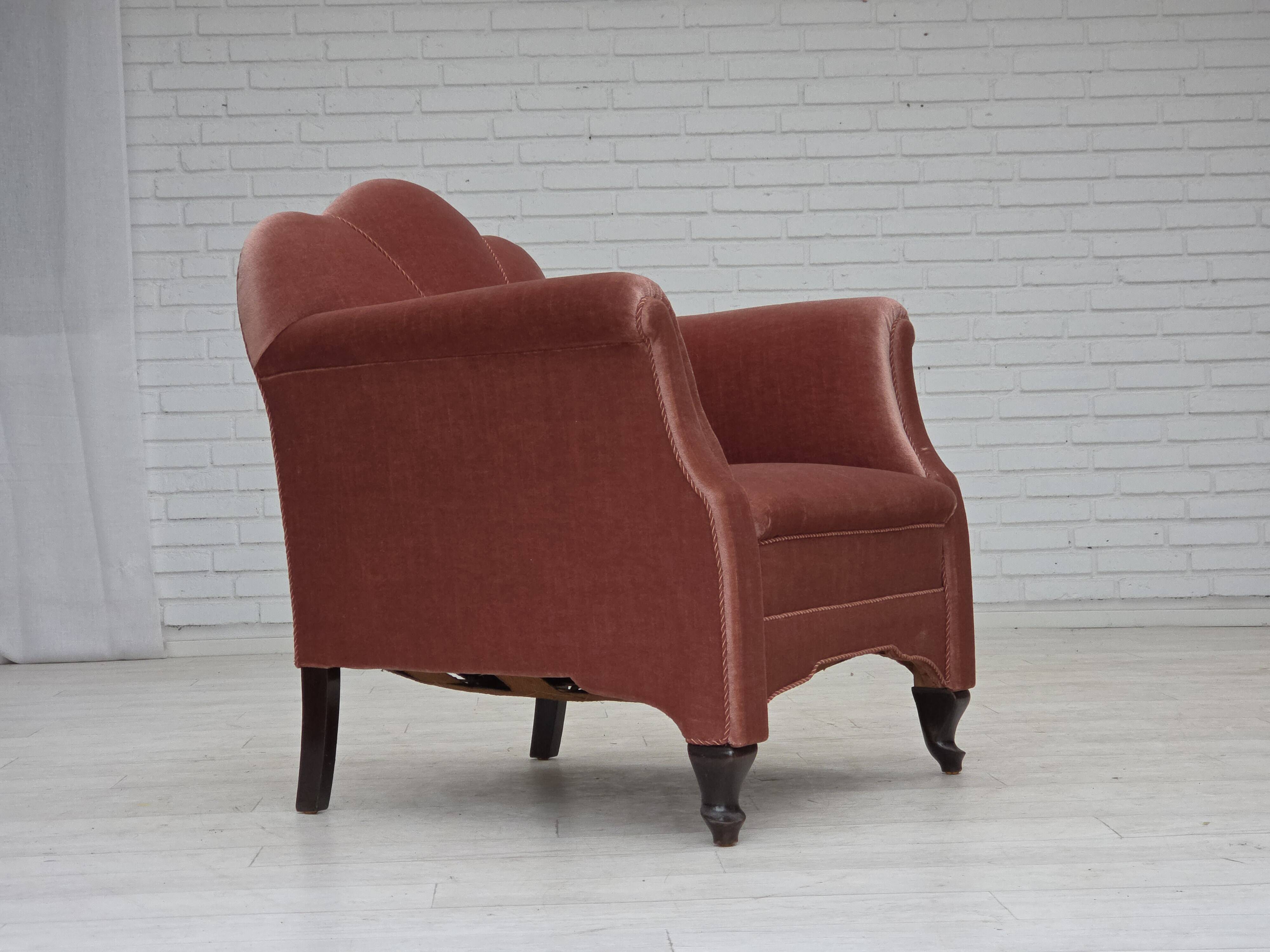 1950s, Danish armchair, salmon pink furniture velour, oak wood.