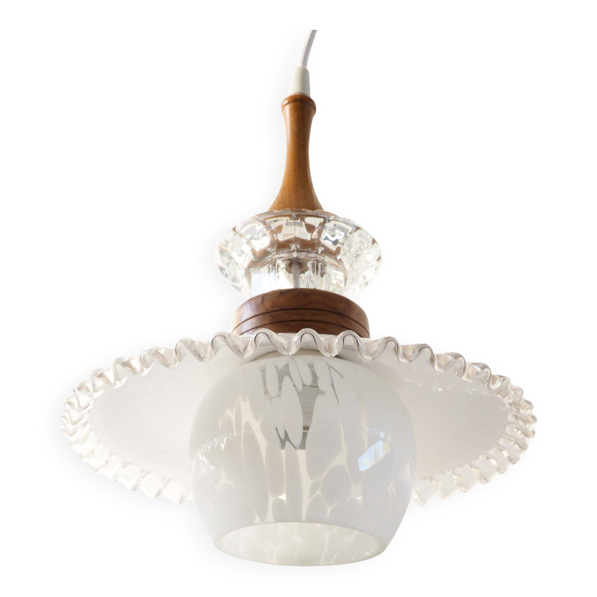 Opaline pendant light, Clichy globe and wood