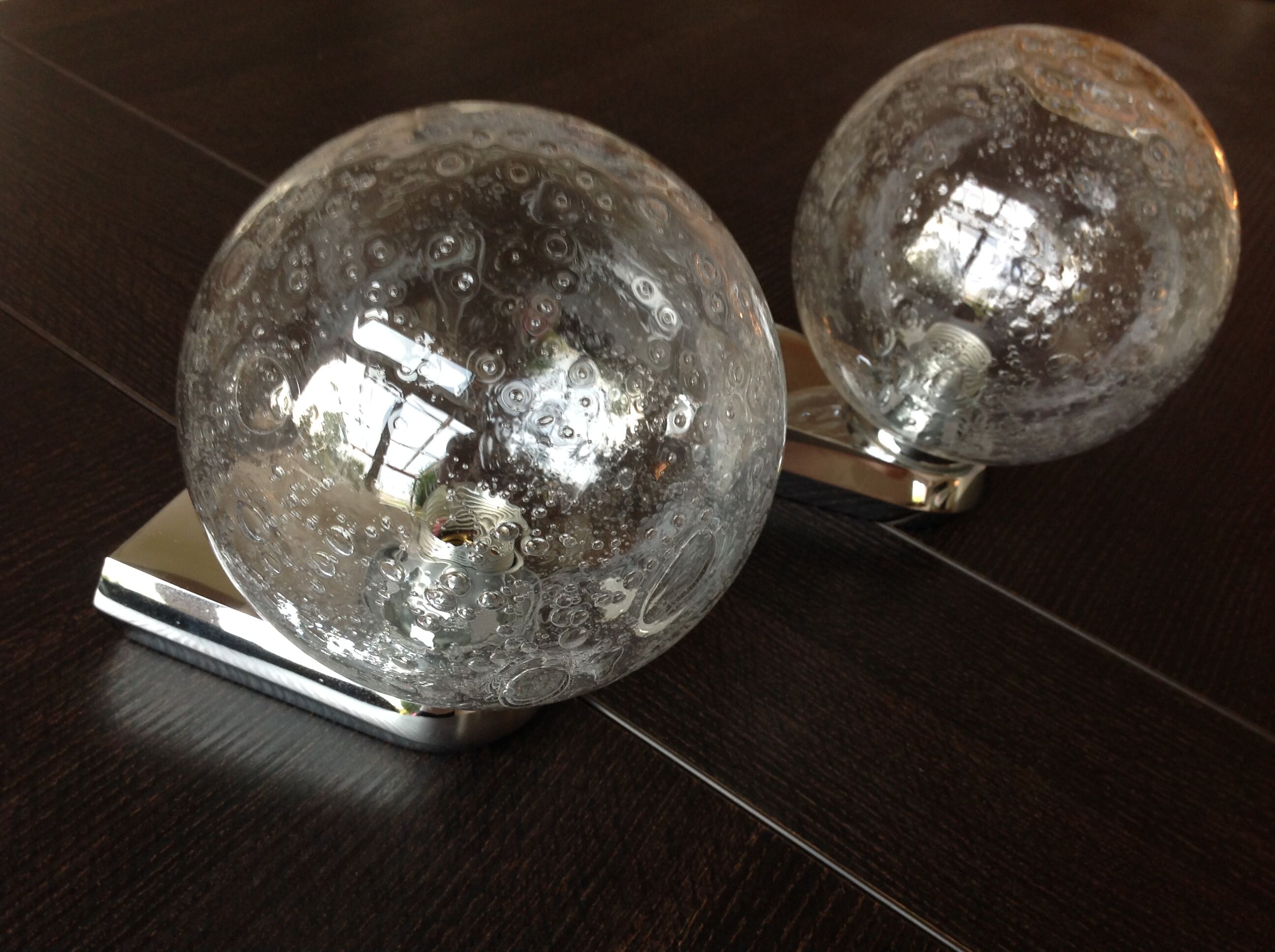 Pair of chrome sconces and crystal globe bubbled by Keuco / vintage 70s