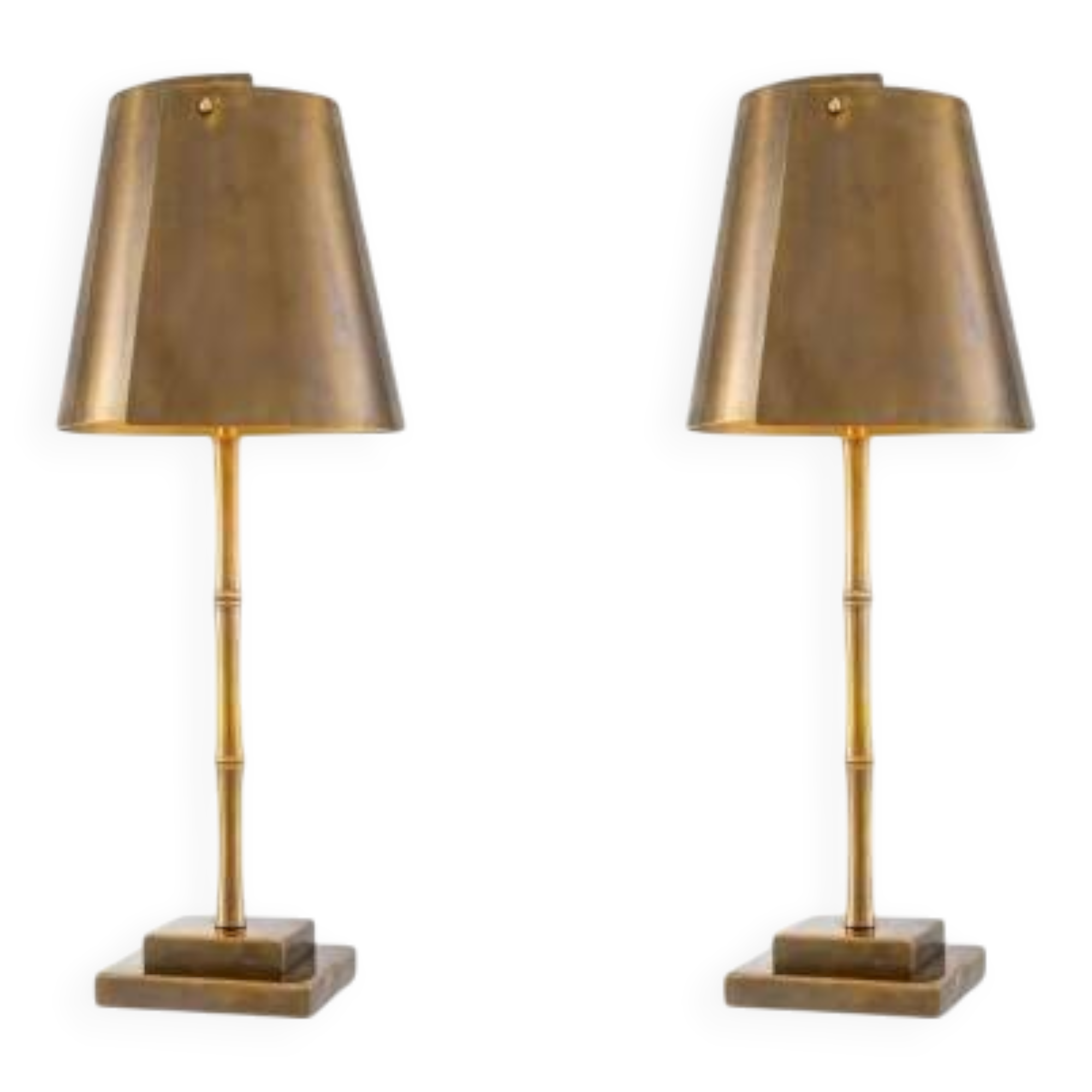Pair of patinated brass table lamps with bamboo decoration.