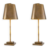 Pair of patinated brass table lamps with bamboo decoration.