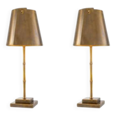 Pair of patinated brass table lamps with bamboo decoration.
