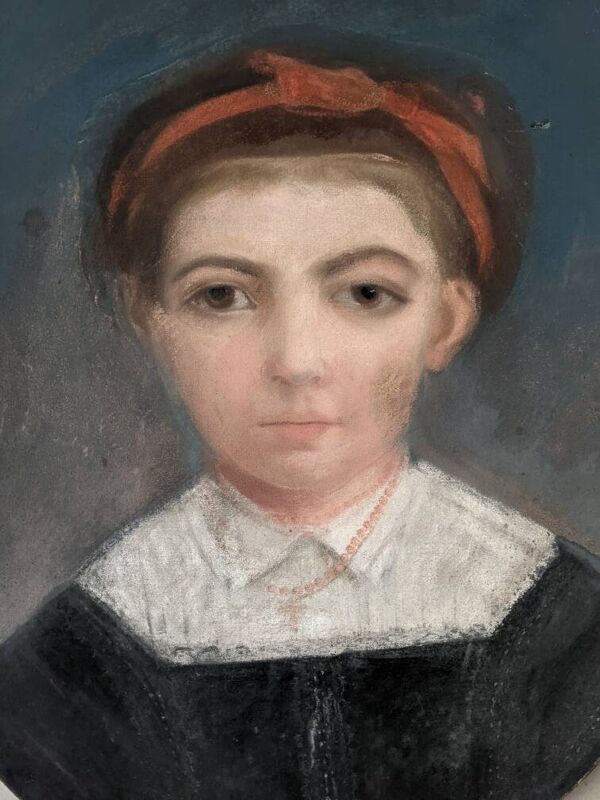 Pastel antique portrait jeune fille tableau ovale décoration campagne XIX