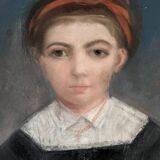 Antique pastel portrait of a young girl, oval painting, countryside decoration, 19th century