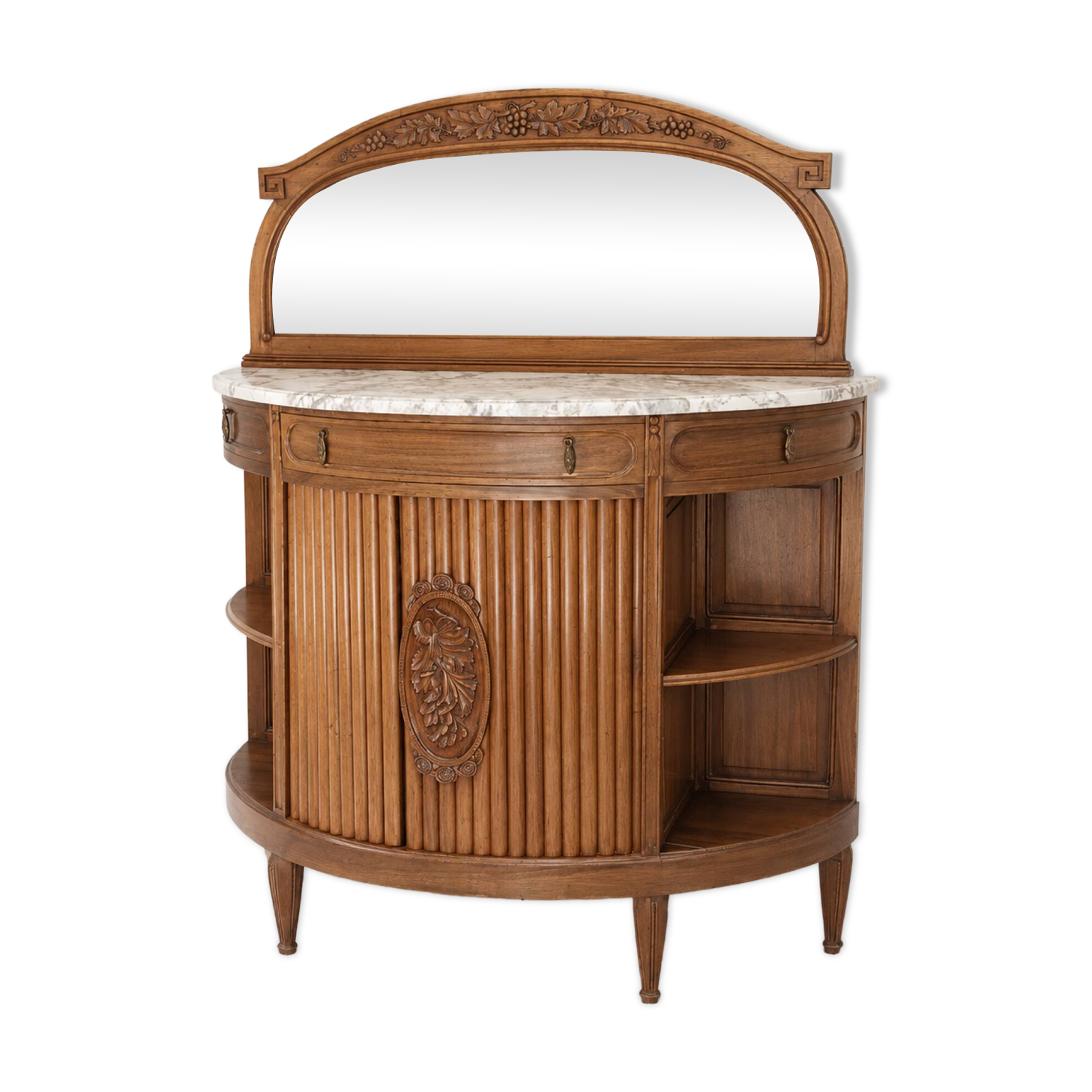 1930s buffet console in solid mahogany, marble and bevelled mirror.