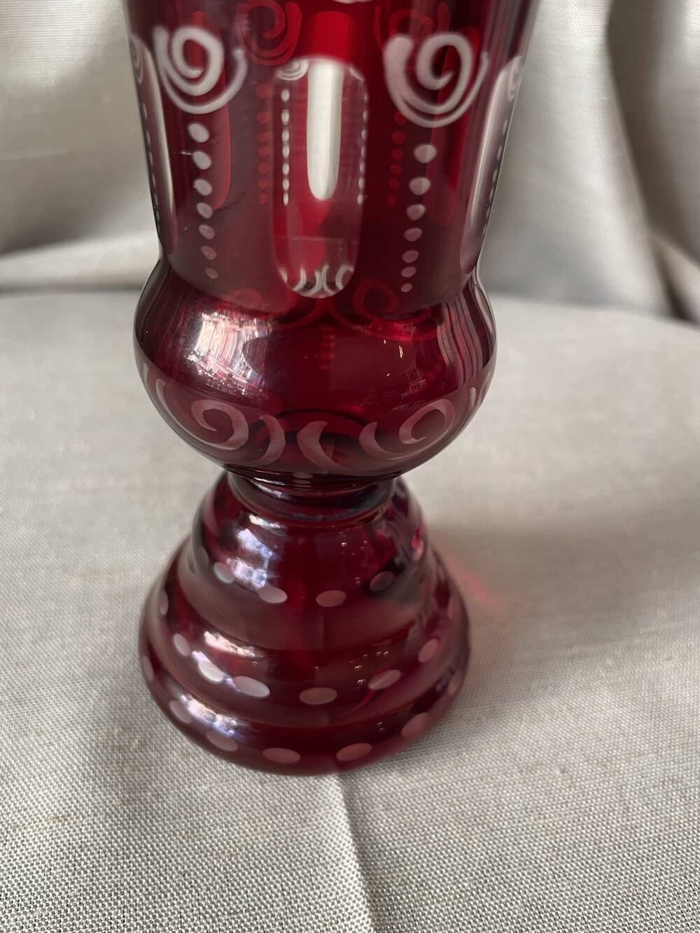Bohemian glass vase ruby red with transparent decoration in pink and red table decoration