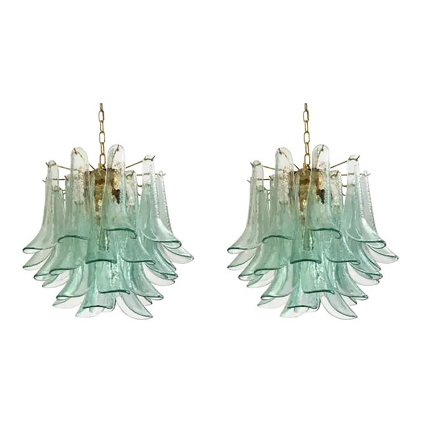 Lot of 2 Contemporary Green Murano Style Glass "Sella" Chandelier With Gold