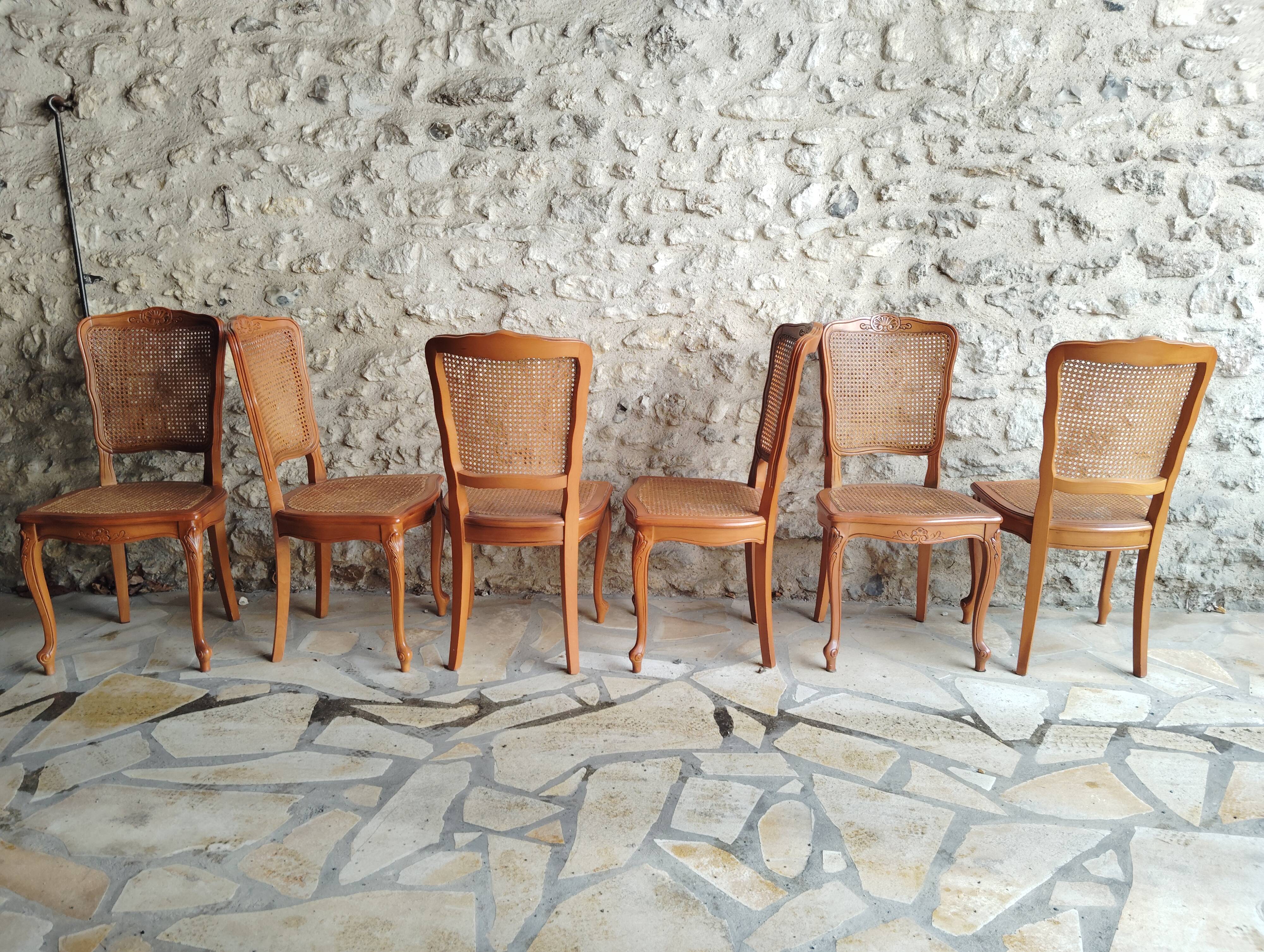 Set of 6 Louis XV chairs in wood and cane