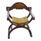 Fauteuil trône mid-century marron et jaune paille en hêtre et tissu d'ameublement, années 1950