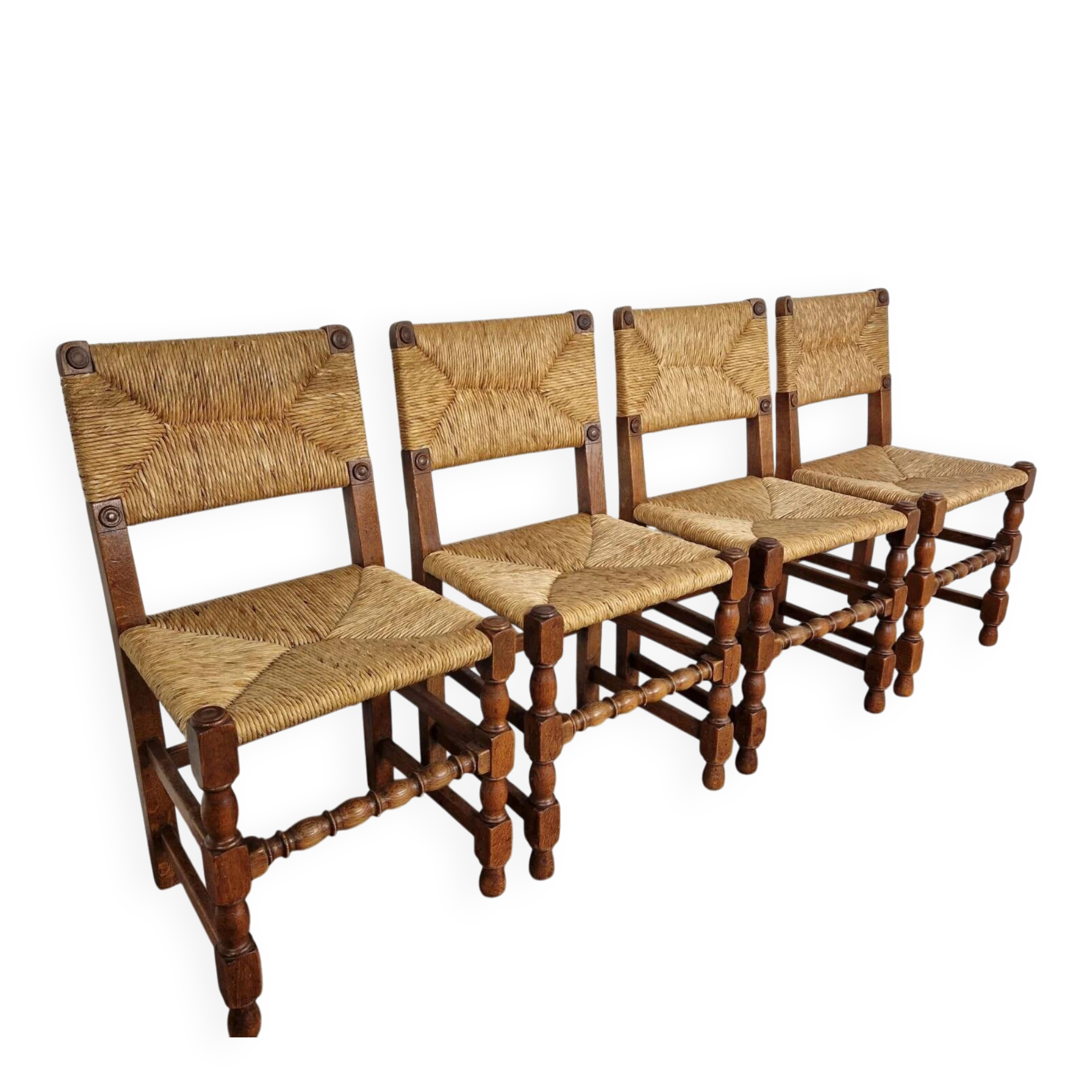 Set of French primitive rush chairs | 1930s