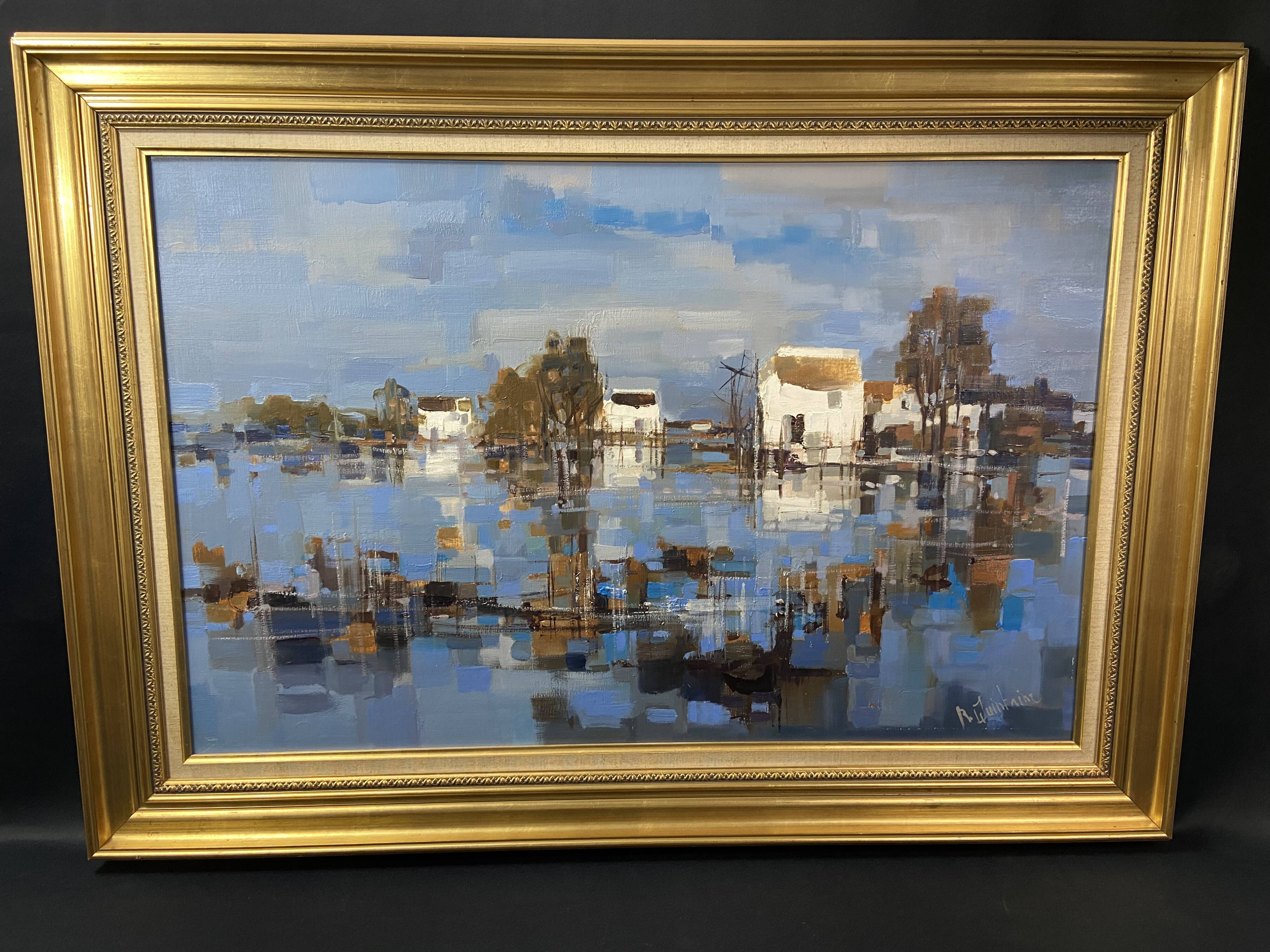 Large oil painting on canvas Camargue landscape Roger QUINTAINE 1921-2005