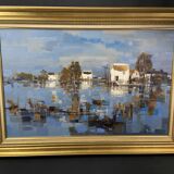 Large oil painting on canvas Camargue landscape Roger QUINTAINE 1921-2005