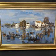 Large oil painting on canvas Camargue landscape Roger QUINTAINE 1921-2005